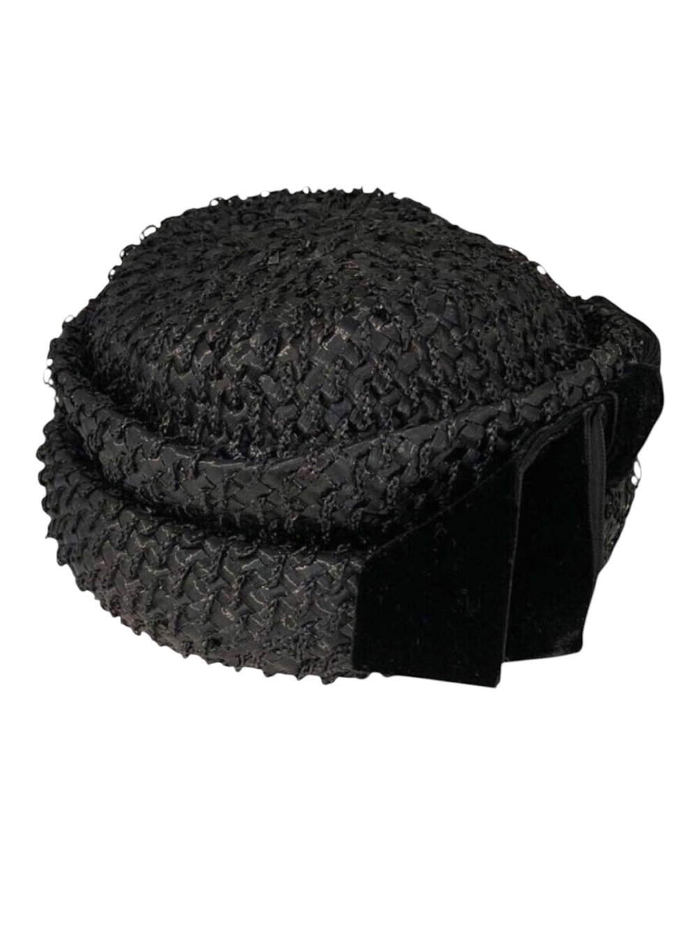 Vintage Piko Montreal New York Black Woven Straw Hat With Velvet Bow Accent Wome